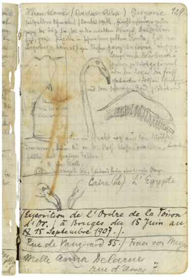 Bleistiftskizzen von Flamingos auf kariertem Papier in einem Notizbuch, daneben handschirftliche Notizen.